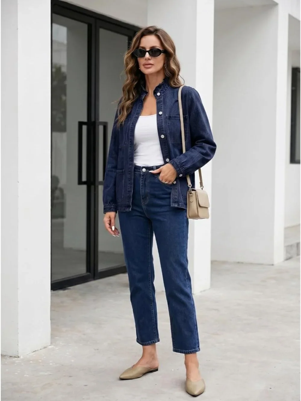 Women's Sail Blue Button Down Ruffle Casual Oversized Cropped Jacket with Pocket
